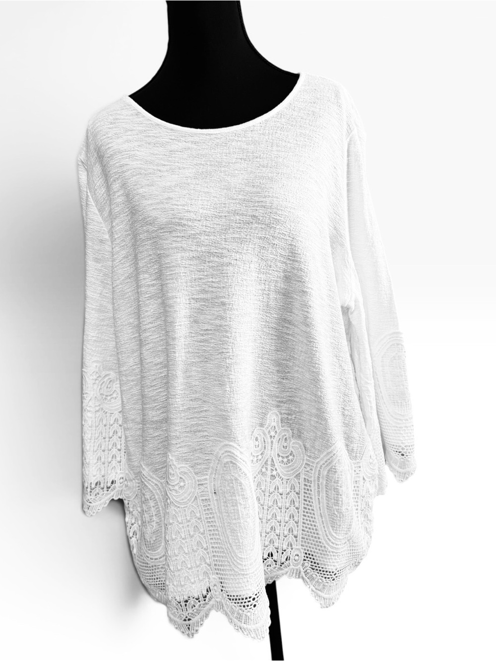 Adrianna Papell White Lace Trim Tunic Top XL Boho Crochet Hem 100% Cotton - Picture 2 of 7
